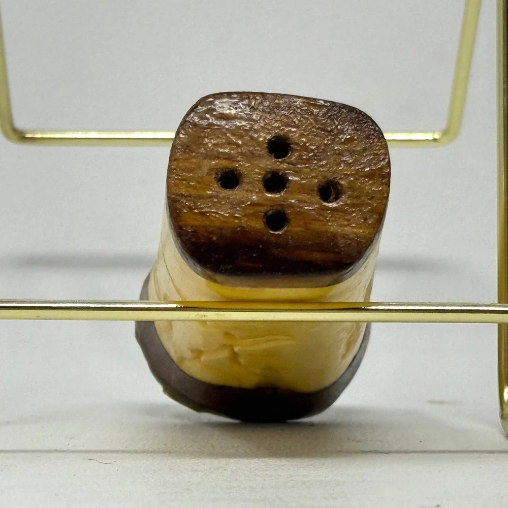Bone Carved Salt Pepper Shaker Set Rhino Water Buffalo Wood  3